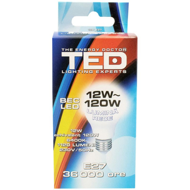 Bec LED E27, 12W, 6400K, 36.000h, lumina rece