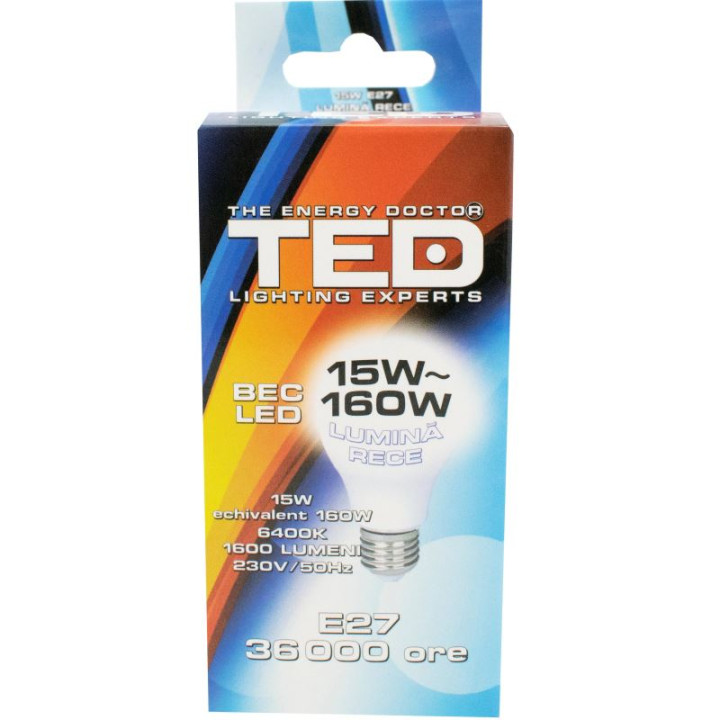 Bec LED E27, 15W, 6400K, 36.000h, lumina rece