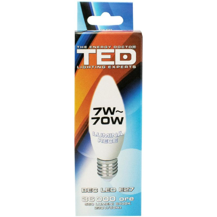 Bec LED E27, 7W, 6400K, C37, 36.000h, lumina rece