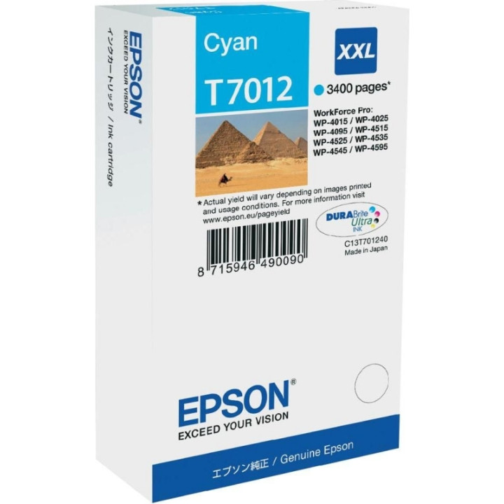 Cartus Cerneala Original Epson Cyan, T7012, pentru WP4000|4500, , (timbru verde 0.15 lei), "C13T70124010"(RAPO)