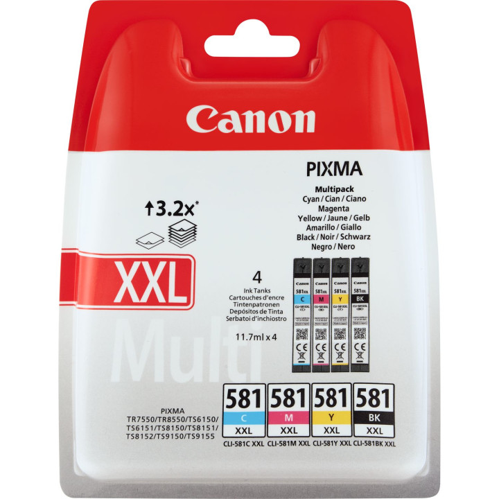 Combo-Pack Original Canon CMYK, CLI-581XXL CMYK, pentru Pixma TR7550|TR8550|TS6150|TS6250|TS705|TS8150|TS8250|TS9150|TS9155|TS95
