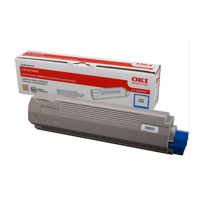 Original OKI Cyan Toner 44059107 for C810|C830, 8K pages.
