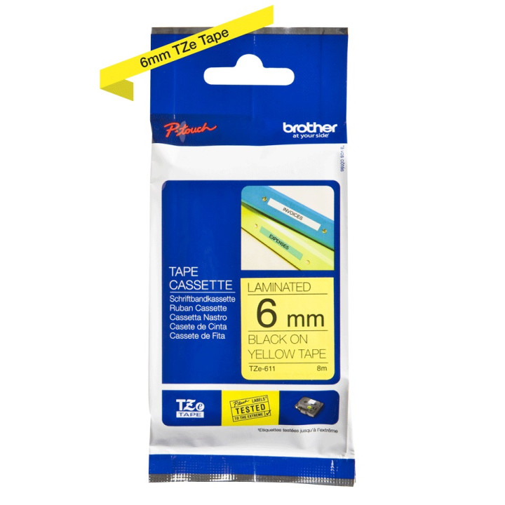 Original Brother Laminated Tape Black on Yellow TZE611 for H105WB | P-TOUCH PT-E110VP | D400 | D450 | D600VP | E300VP | E550WVP 